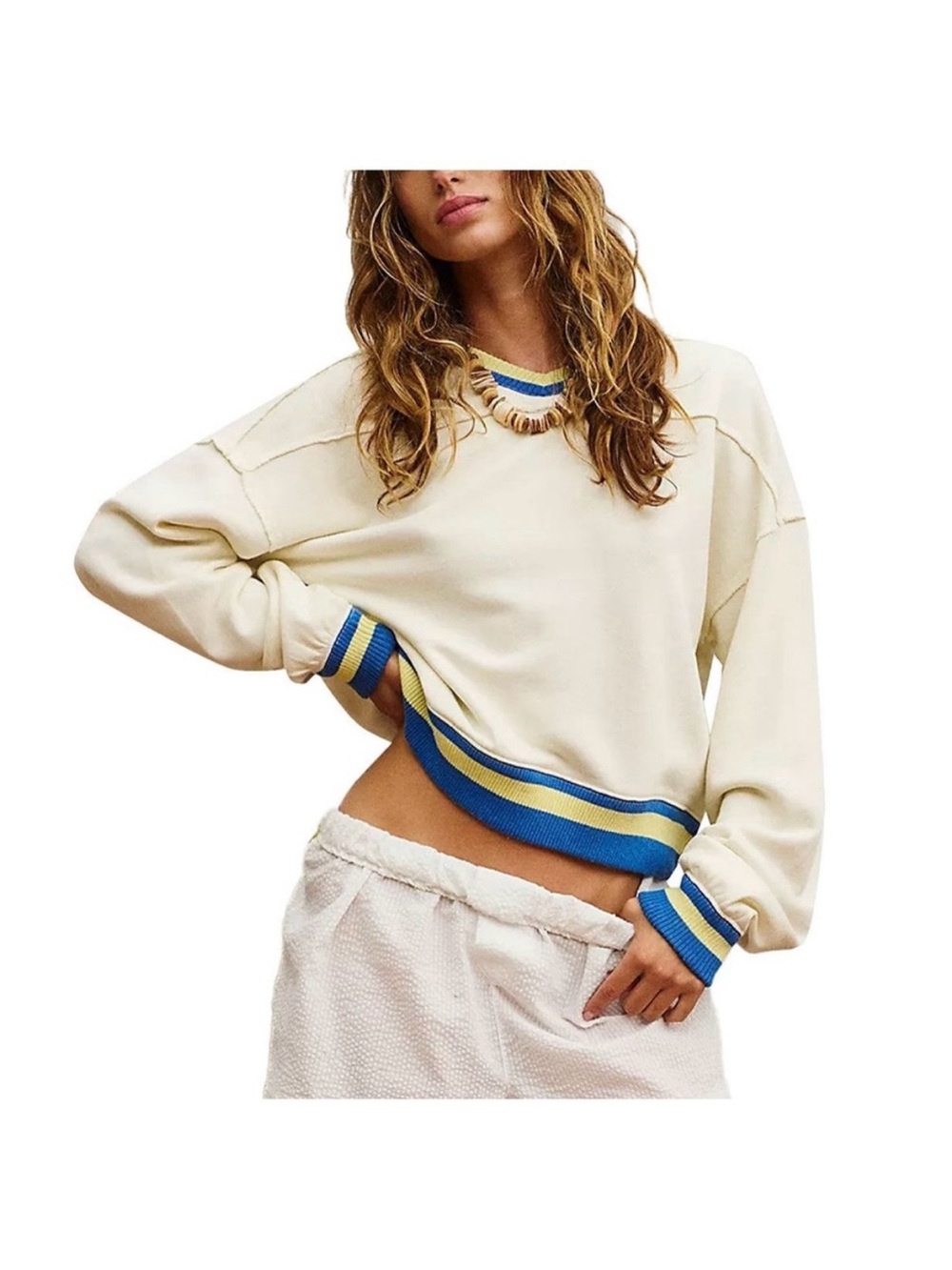Free People Cream Pullover with Blue & Yellow Stripe Trim